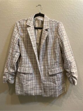 Beige Windowpane Plaid Blazer Women's Ruched Sleeve Open Front Jacket